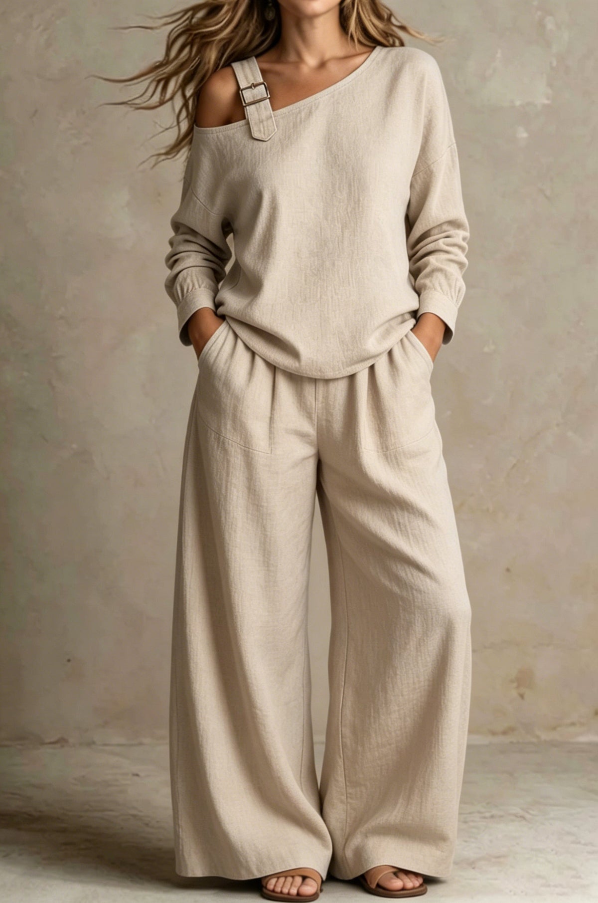 Women Chic One-Shoulder Linen-Blend Two-Piece Set