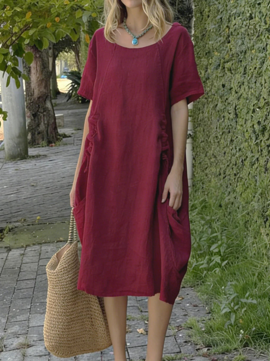 New Arrivals🔥 Linen And Cotton Drawstring adjustment Short-sleeved Dress