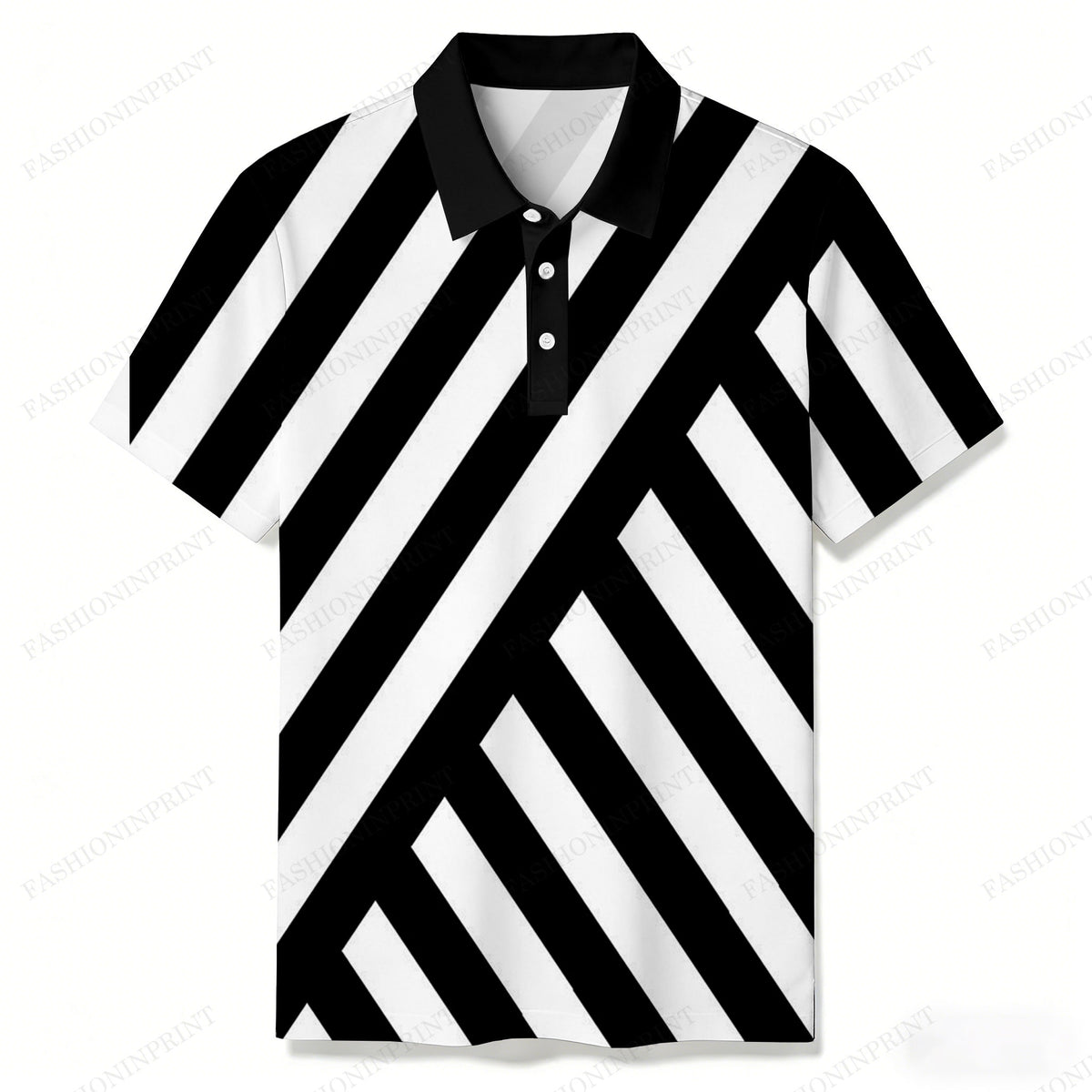 Men's Casual Black and White Stripes Short-Sleeve Shirt
