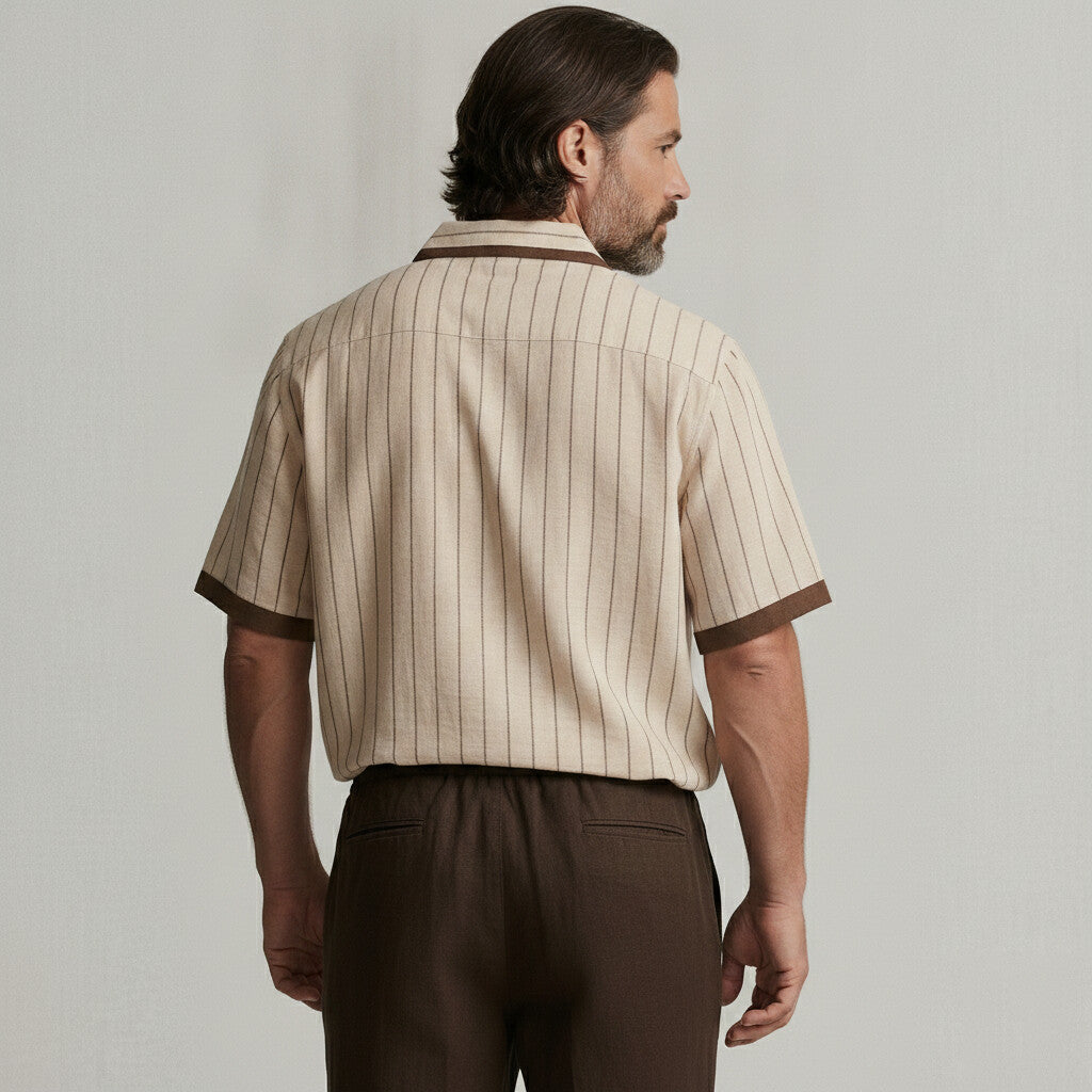 Men's Casual Apricot Linen Pinstripe Print Patch Pocket Contrast Trim Polo Shirt