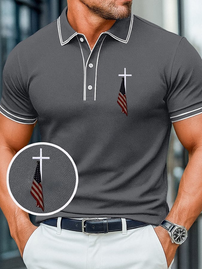 Men's Cross&American Flag Printed Casual Polo Shirt