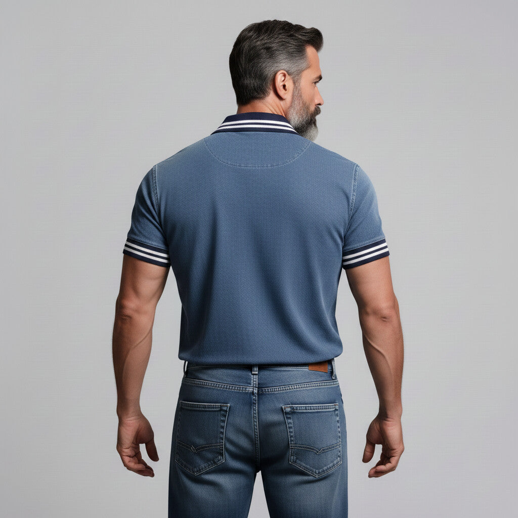 Men's Contrast Striped Turndown Collar Short Sleeve Patch Pocket Denim Polo Shirt