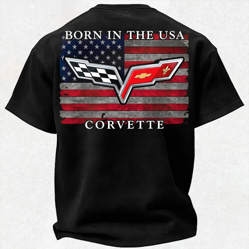 Vette C6 BORN IN THE USA Crossed Flags Logo & American Flag Vintage Distressed Cotton Print Men's T-Shirt