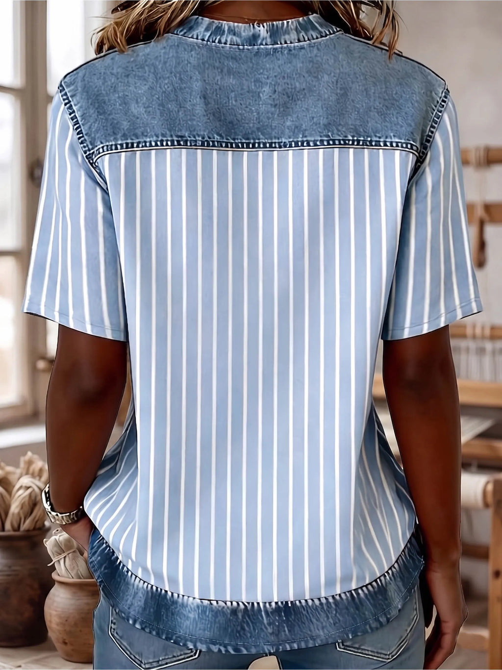 The "Effortless Chic" Denim-Contrast Stripe Tee