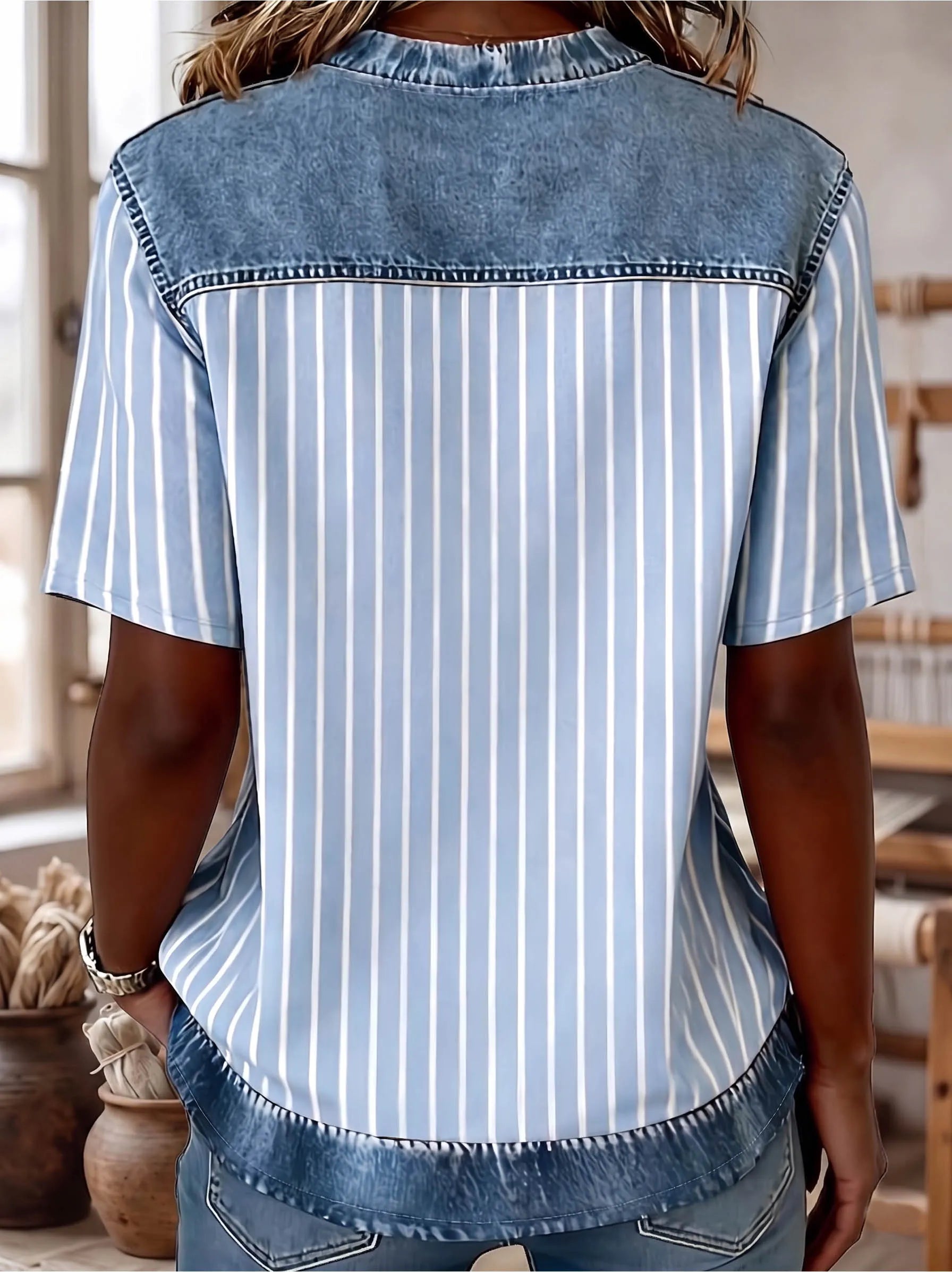 The "Effortless Chic" Denim-Contrast Stripe Tee