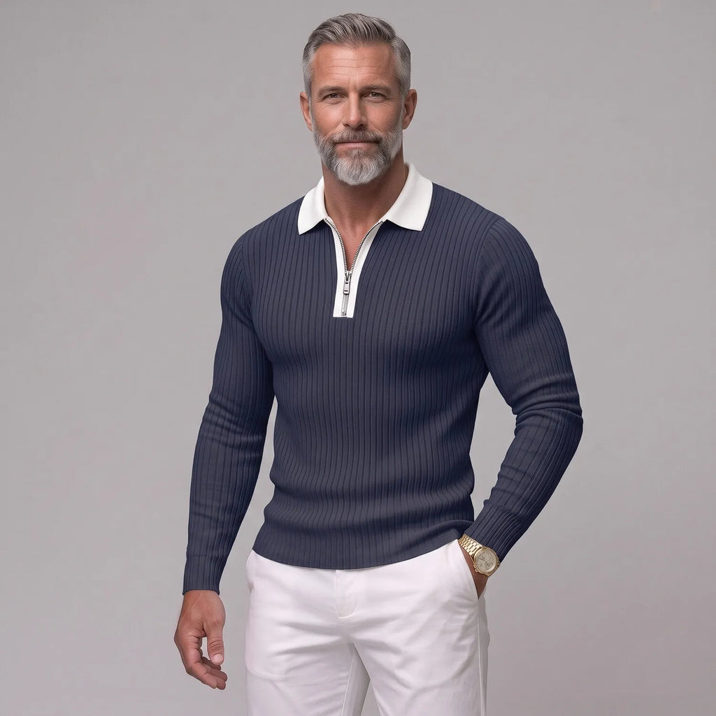 Men's Business Casual Solid Color Ribbed Knit Slim Zipper Long Sleeve Polo Shirt