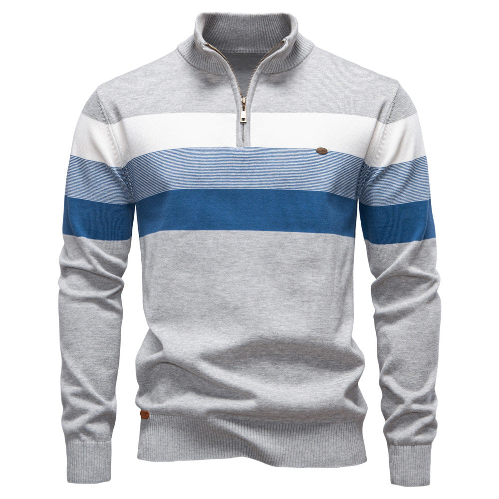 Men's Contrast Color Stand Collar Zip Long Sleeve Fleece Sweatshirt