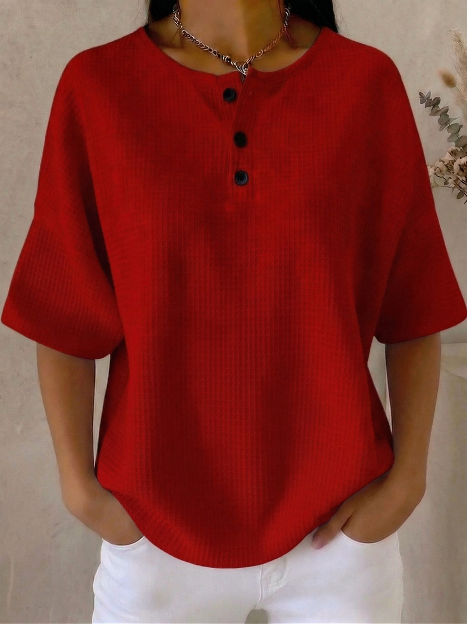 Clearance Sale🔥 Women's Casual Waffle Henry Collar 4/3 Sleeves T-shirt