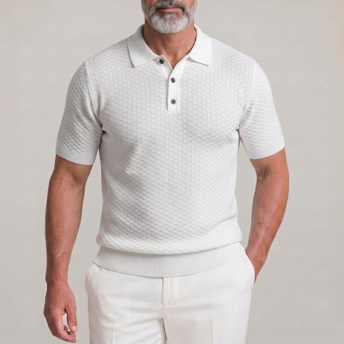 Men's Solid Color Geometric Texture Ribbed Hem Polo Shirt