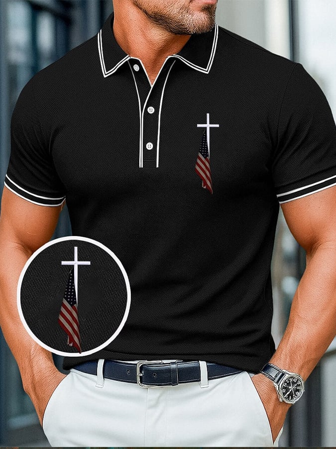 Men's Cross&American Flag Printed Casual Polo Shirt
