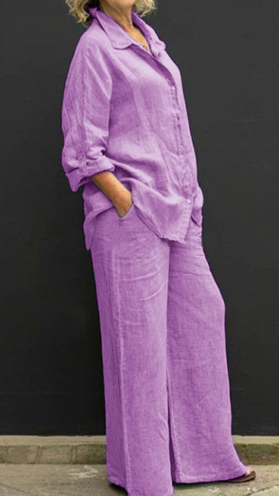 Women's Linen Lapel Shirt & Wide-Leg Pants Two-Piece Set