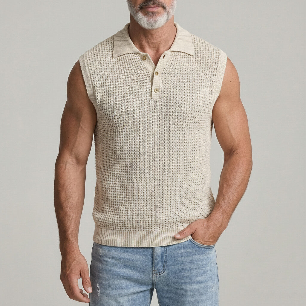 Men's Solid Color Crochet Hollow Out Breathable Sleeveless Polo Shirt