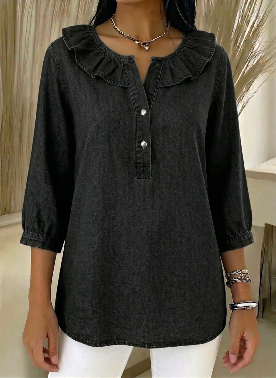 Casual Denim Blouse with Ruffled Henry Collar