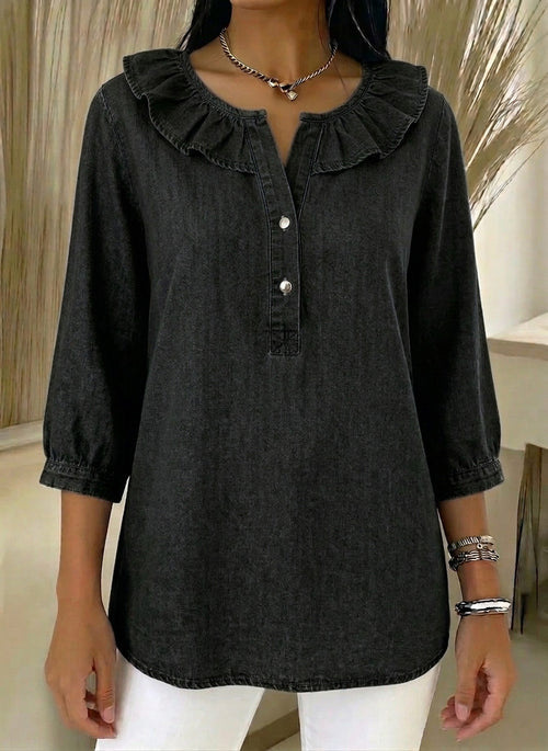 Casual Denim Blouse with Ruffled Henry Collar