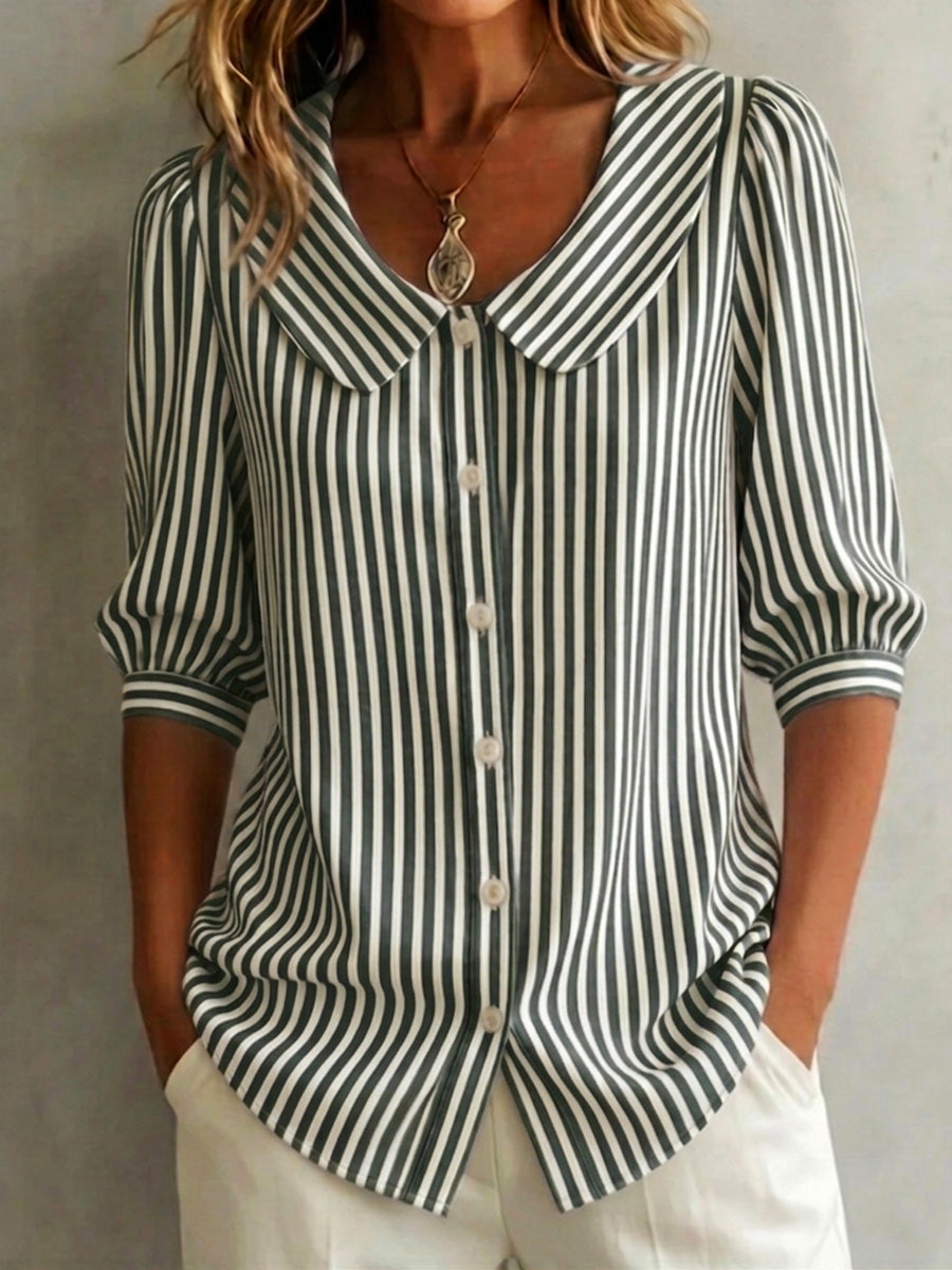 Clearance Sale🔥 Women's Retro Peter Pan Collar Striped Cotton Linen Shirt