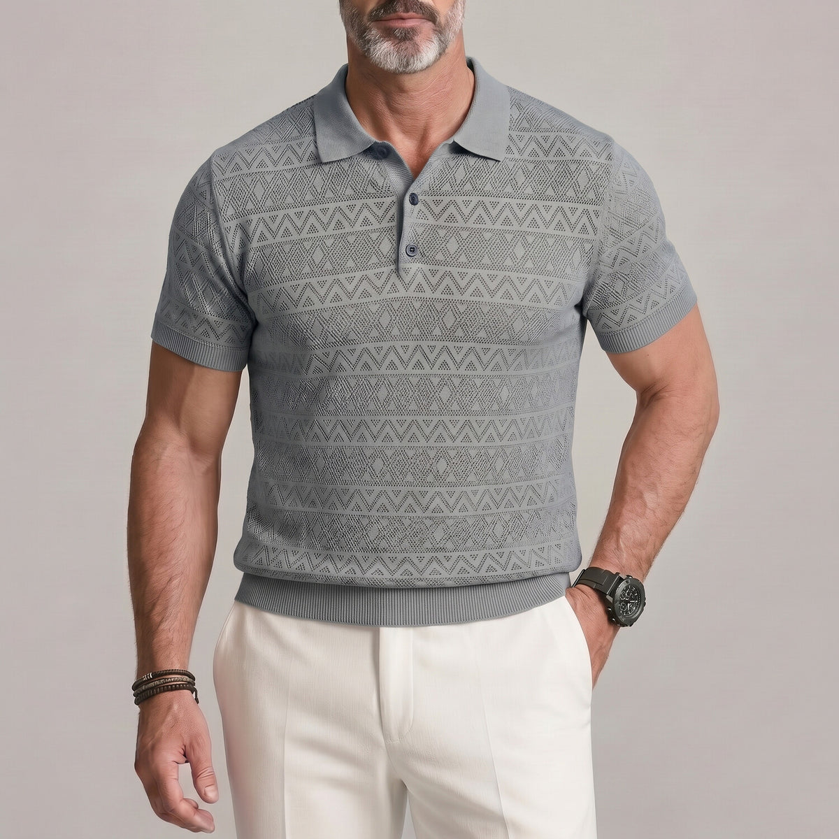 Men's Daily Solid Color Hollow Out Diamonds Texture Slim Polo Shirt