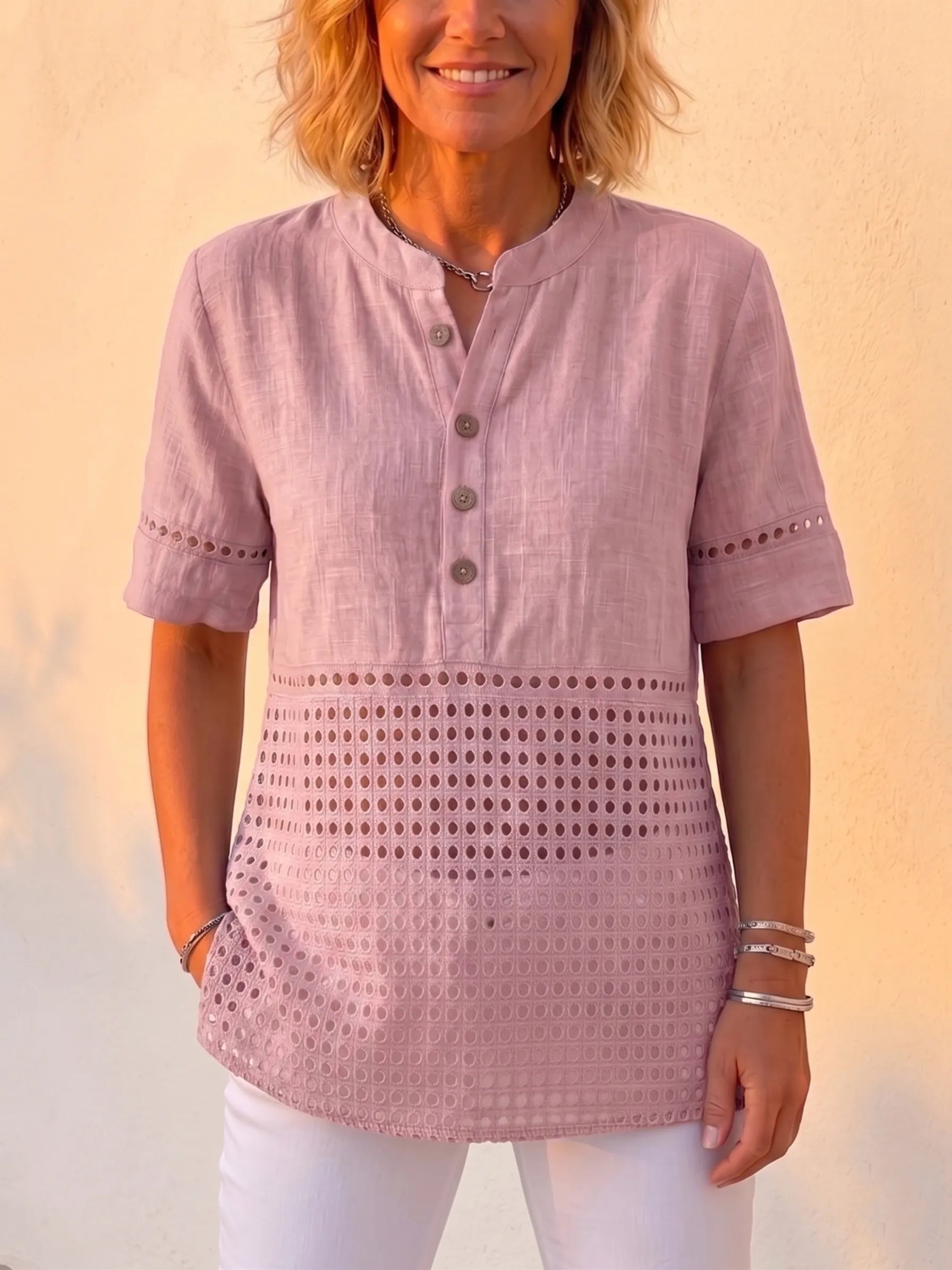 Clearance Sale🔥 Women's Vintage Cotton Linen Eyelet Lace Short Sleeve Shirt, Boho Button-Up Henley Blouse