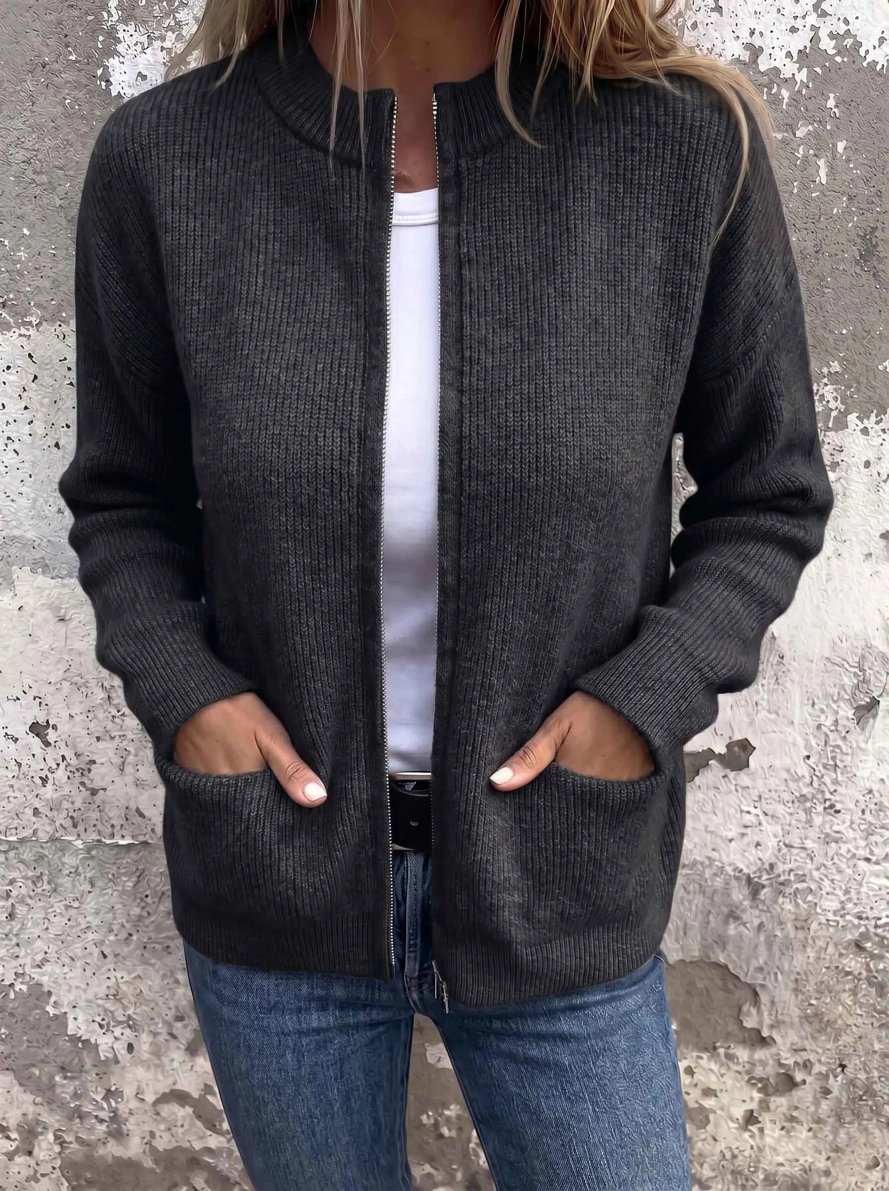 CLEARANCE SALE🔥 Round Neck Ribbed Knit Zip Jacket