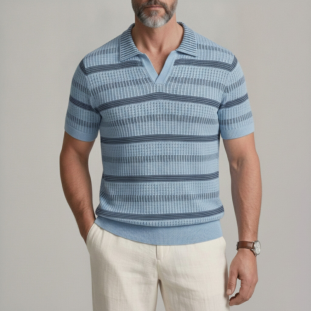 Men's Casual Striped Hollow Out Cable Knitted Breathable Polo Shirt
