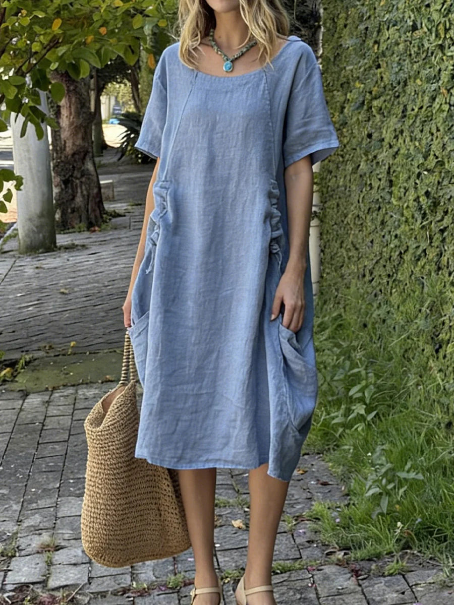New Arrivals🔥 Linen And Cotton Drawstring adjustment Short-sleeved Dress