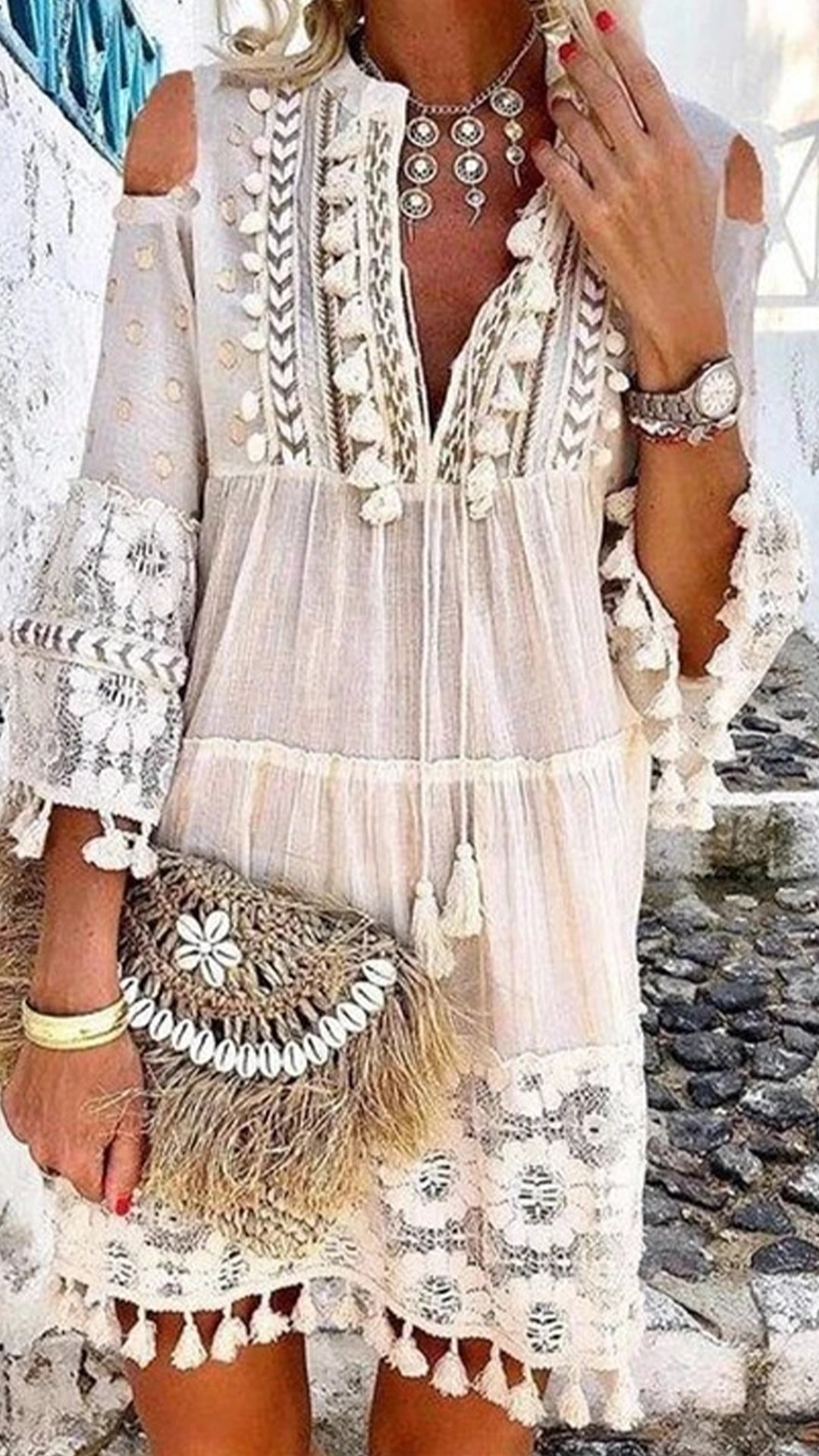 Women's Bohemian Tassel Cotton-Blend Dress