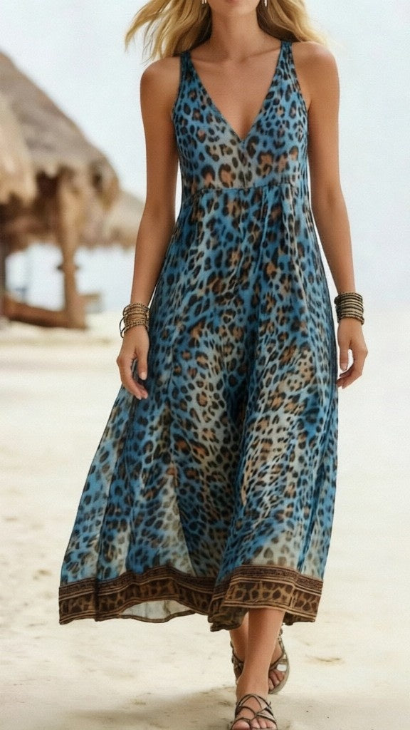 Women's Leopard Print Casual Sleeveless V-Neck Dress