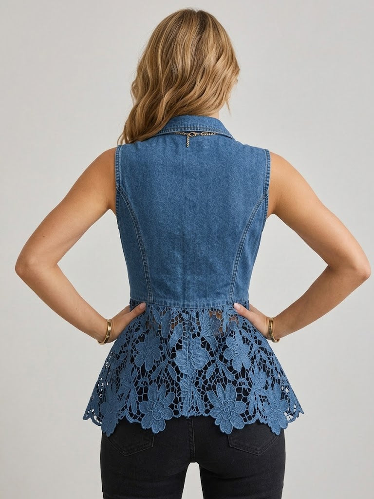 New Arrivals 🔥 Stylish Spliced lace & Zipper Denim Top