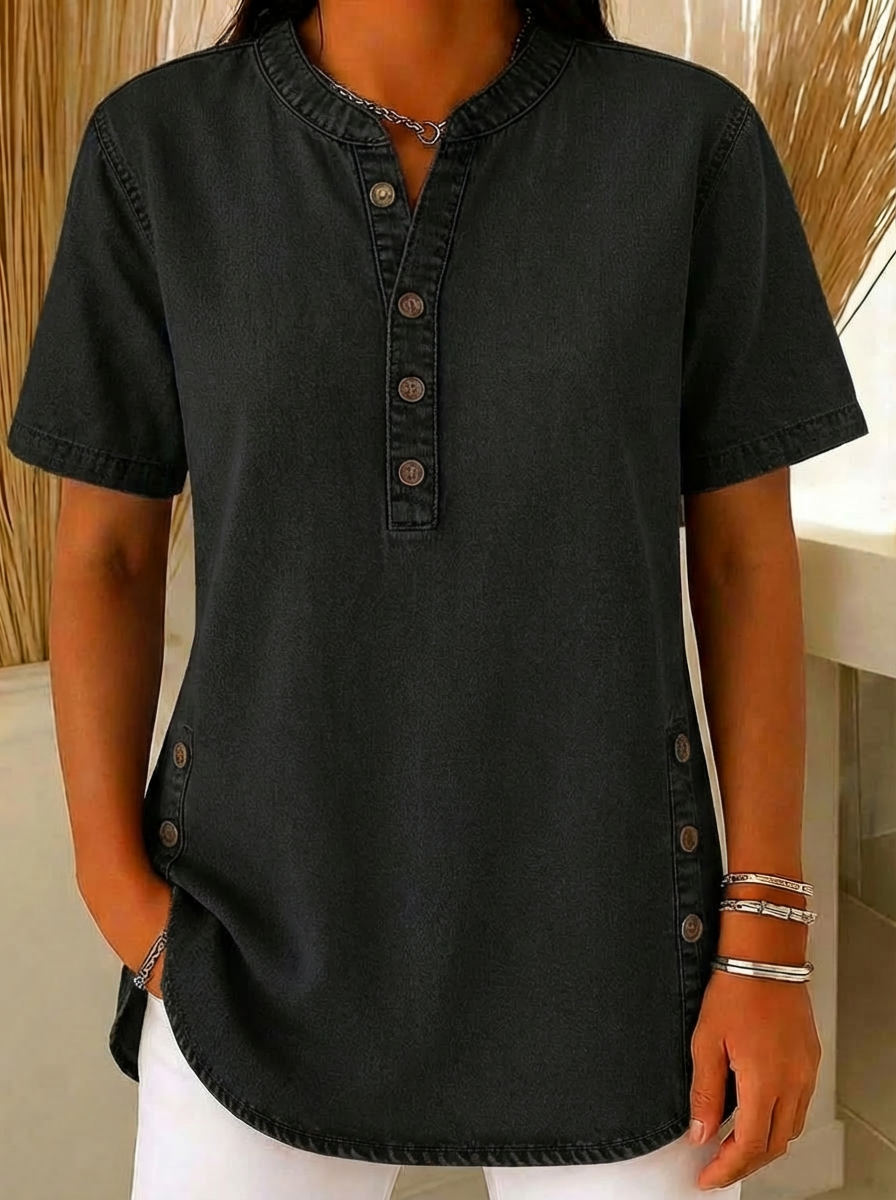 Clearance Sale🔥 Women's V-neck short-sleeved Casual Button-up Loose Denim Top