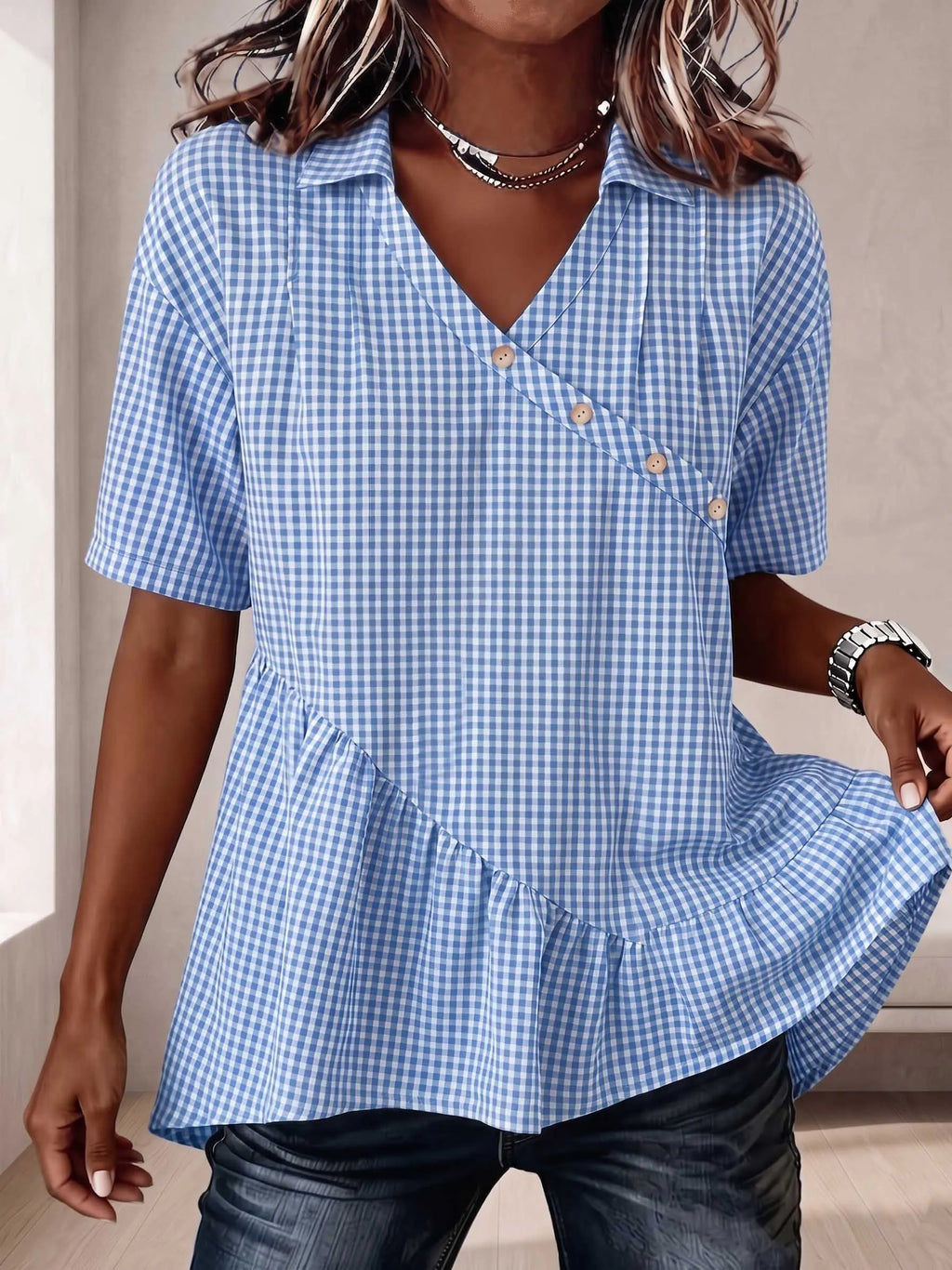 The Heritage Gingham Asymmetrical Peplum Blouse