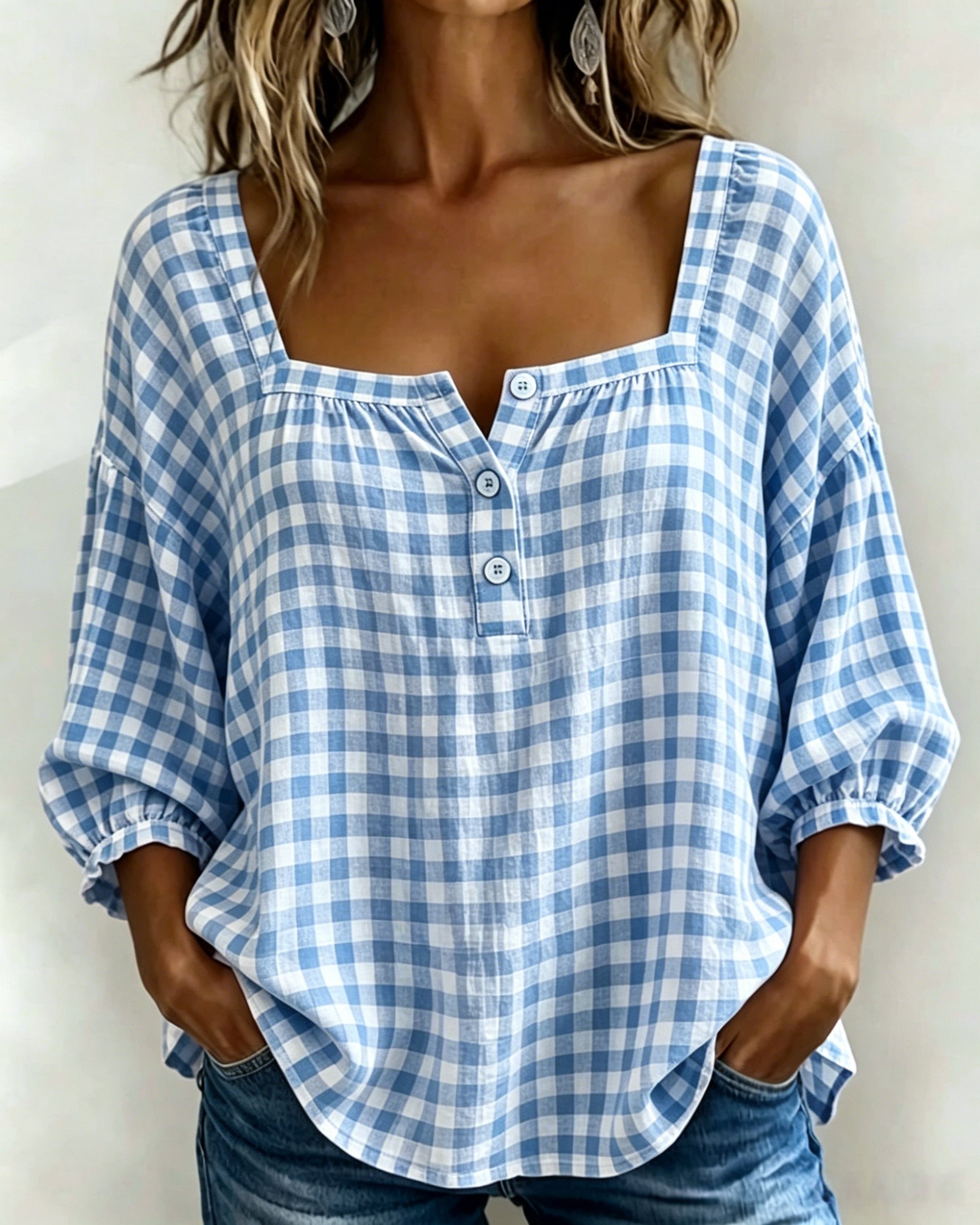 Vintage Gingham Square-Neck Blouse