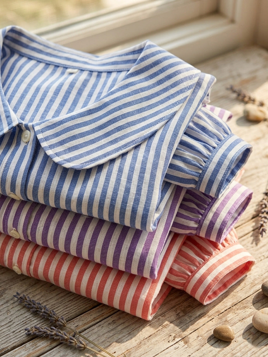 Clearance Sale🔥 Women's Retro Peter Pan Collar Striped Cotton Linen Shirt