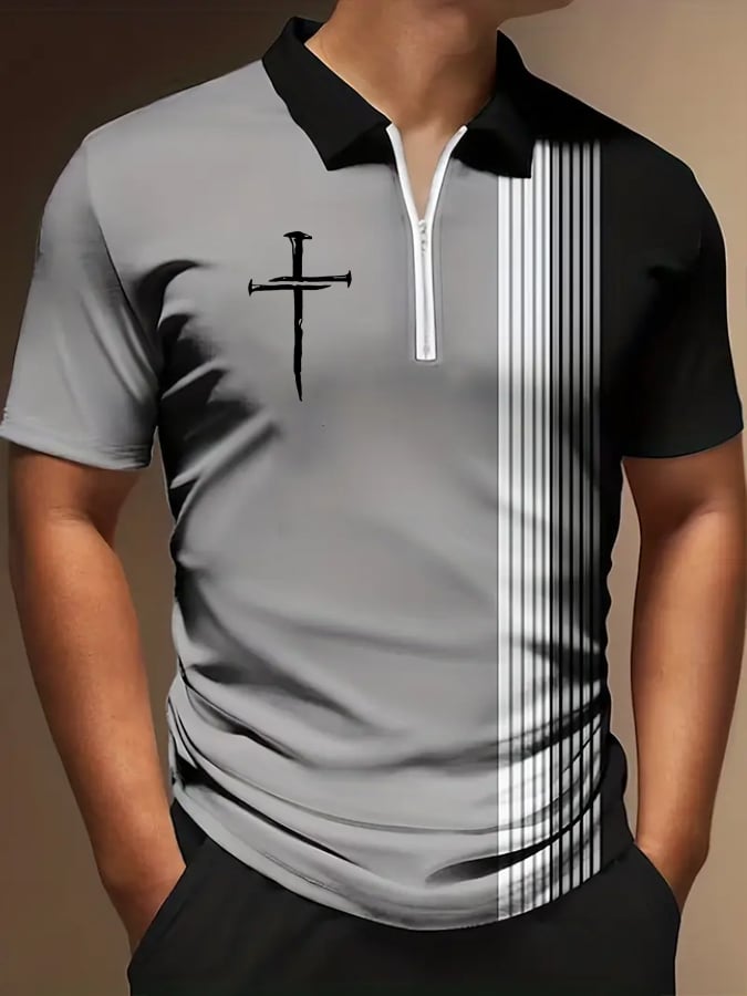 Men'S Cross Print Zip-Up Polo Shirt