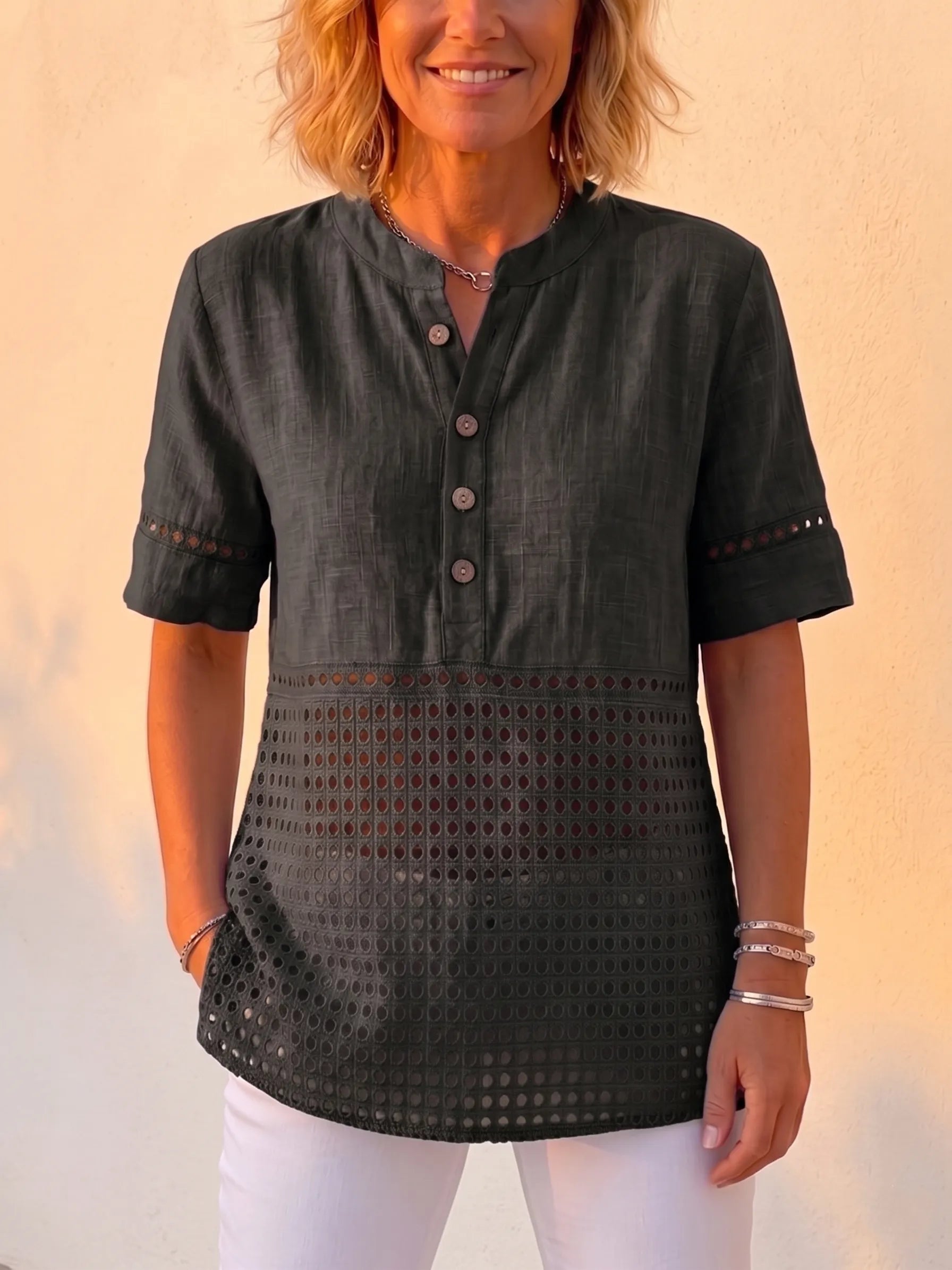 Clearance Sale🔥 Women's Vintage Cotton Linen Eyelet Lace Short Sleeve Shirt, Boho Button-Up Henley Blouse