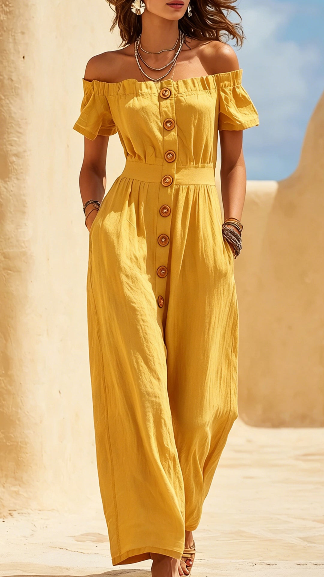 Women's Cotton‑blend Off‑the‑Shoulder Puff Sleeve Waist‑cinched Jumpsuit