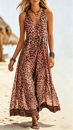 Women's Leopard Print Casual Sleeveless V-Neck Dress