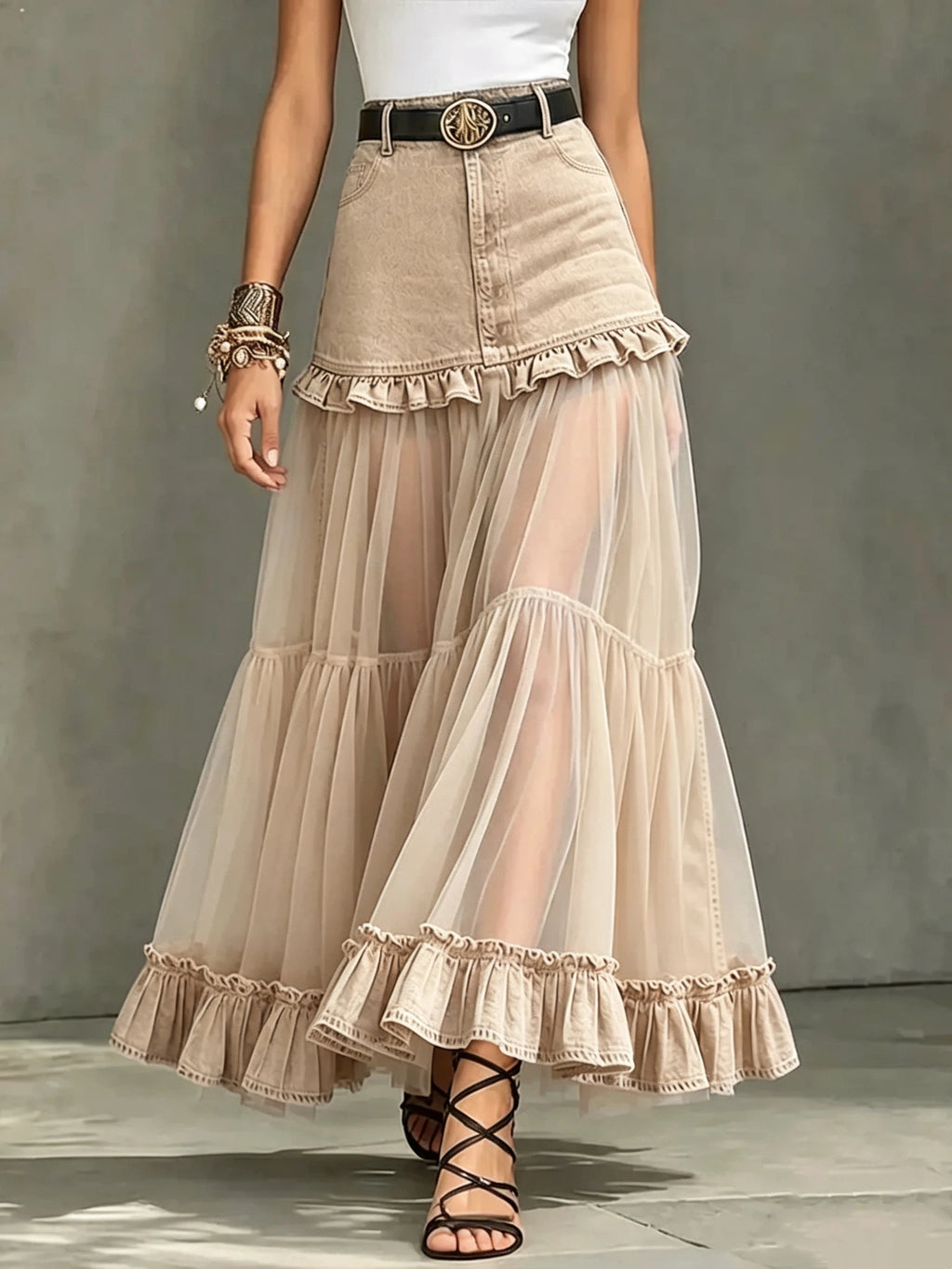 Casual Denim-paneled Chiffon Ruffled Skirt
