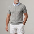 Men's Cable Knitted Striped Turndown Collar Short Sleeve 2 in 1 Polo Shirt