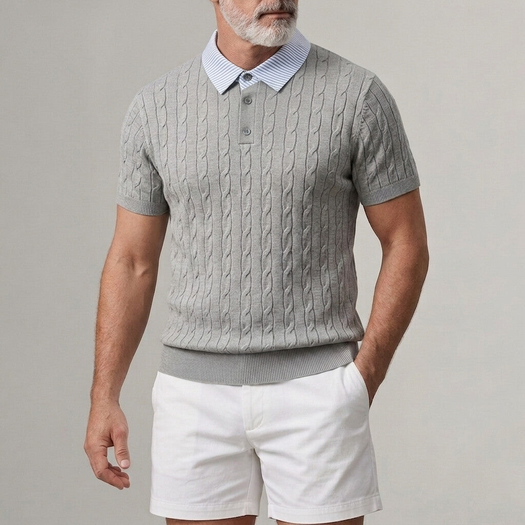 Men's Cable Knitted Striped Turndown Collar Short Sleeve 2 in 1 Polo Shirt