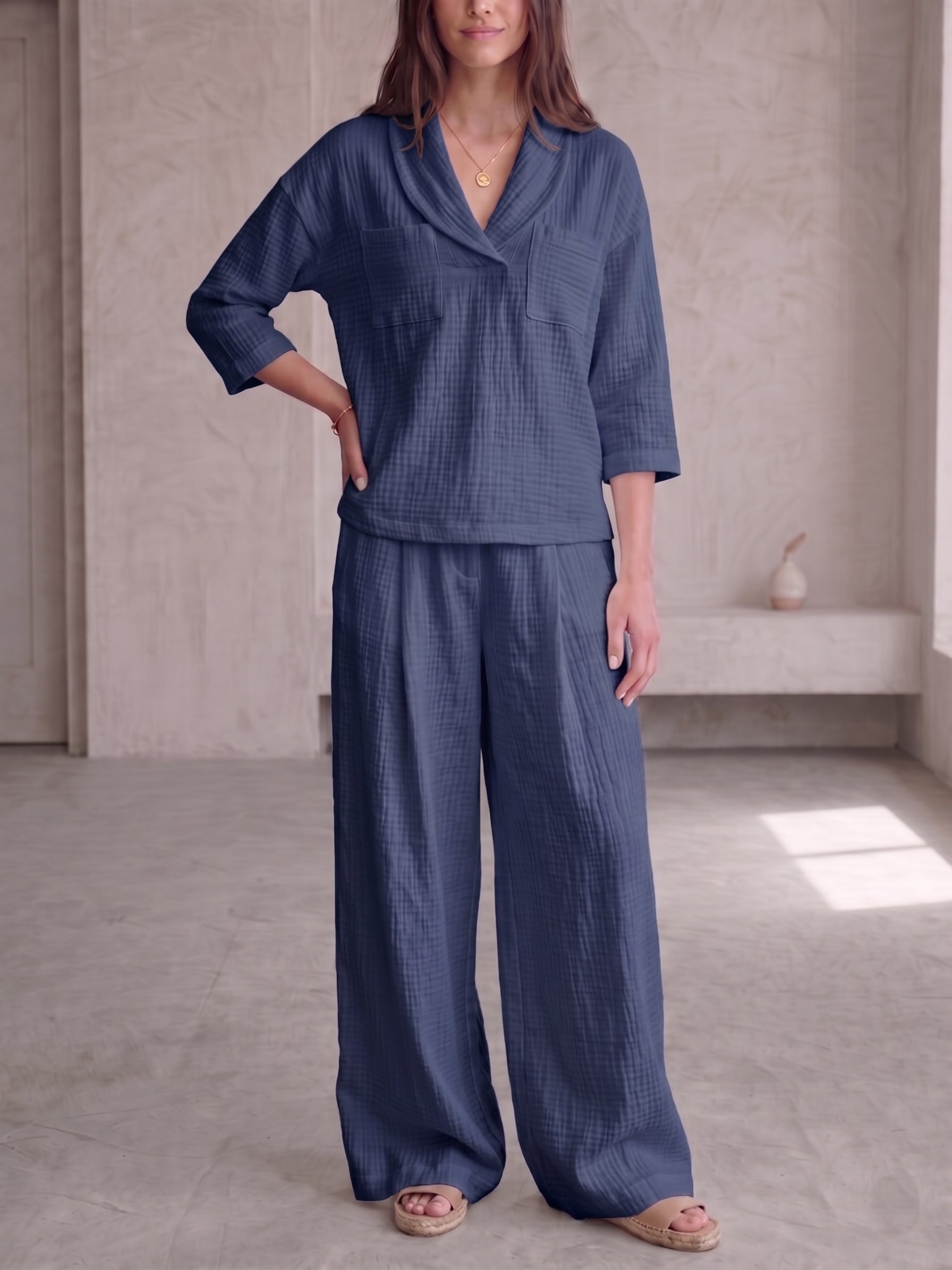 Clearance Sale🔥 Women's Peter Pan Collar V-Neck 3/4-Sleeve Cotton-Linen Two-Piece Set