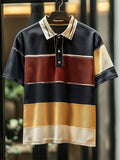 Men's Business Casual Stripe Print Button Short Sleeve Polo Shirt