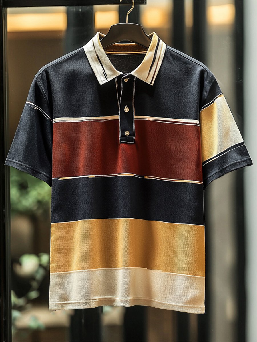 Men's Business Casual Stripe Print Button Short Sleeve Polo Shirt