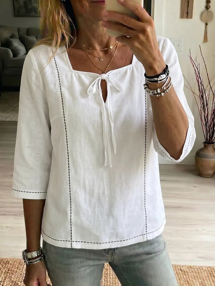 New Arrivals🔥 Women's Square-neck Ties Half-sleeve Cotton Shirt