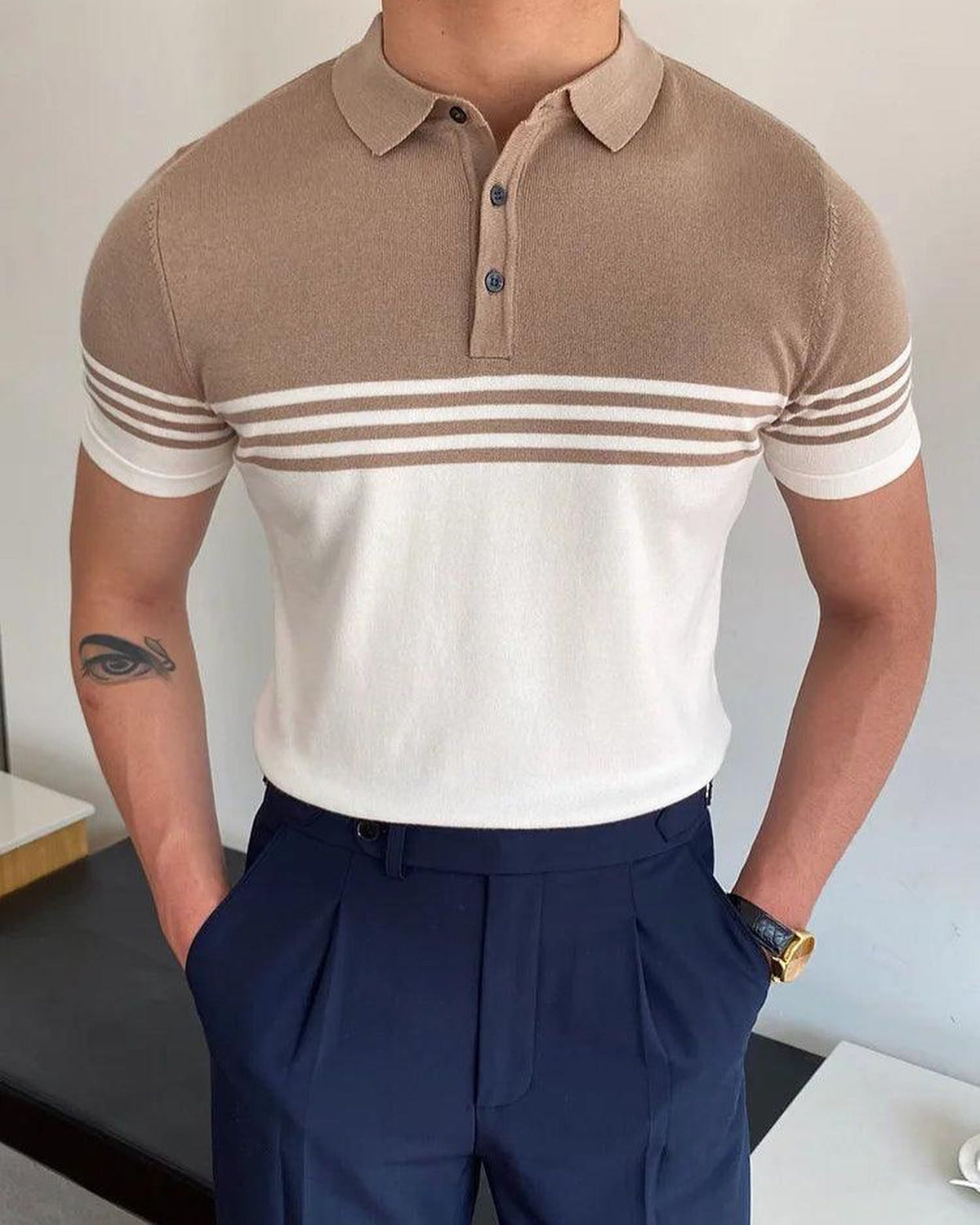 Men's Business Casual Polo Collar Geometric Printed Short-Sleeved Shirt