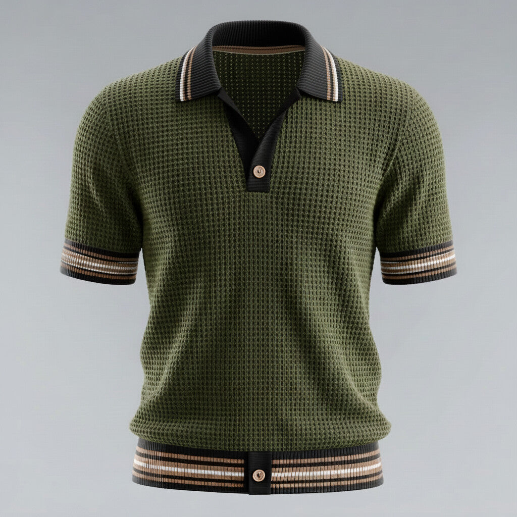 Men's Olive Green Waffle Texture Contrast Striped Trim Polo Shirt