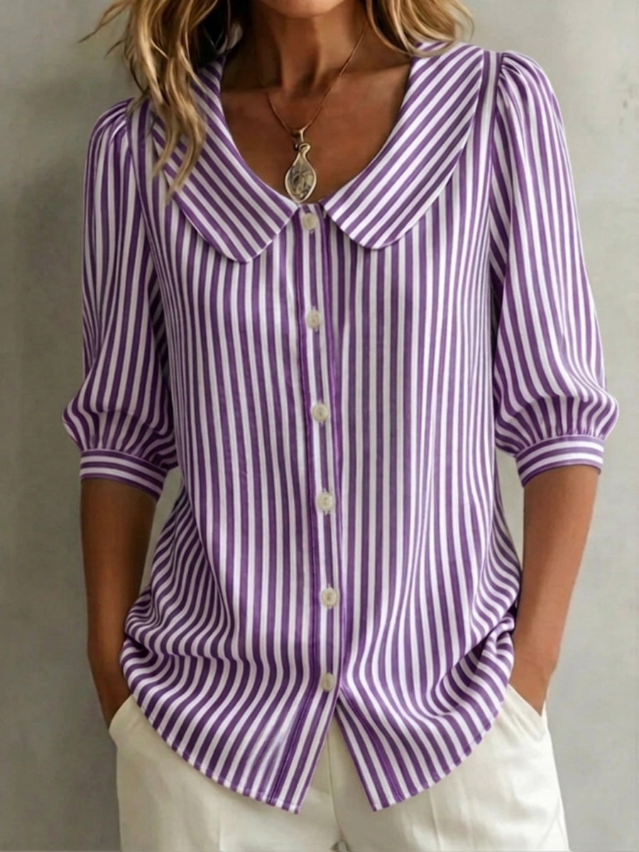 Clearance Sale🔥 Women's Retro Peter Pan Collar Striped Cotton Linen Shirt
