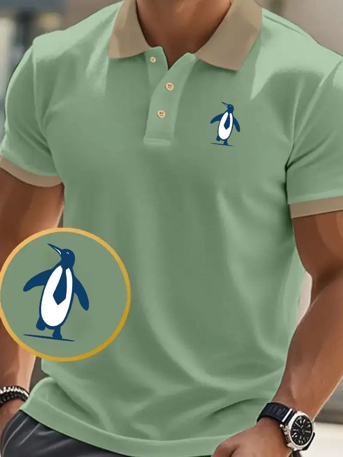 Men's Classic Casual Business Penguin Fashion Color Block Polo Shirt