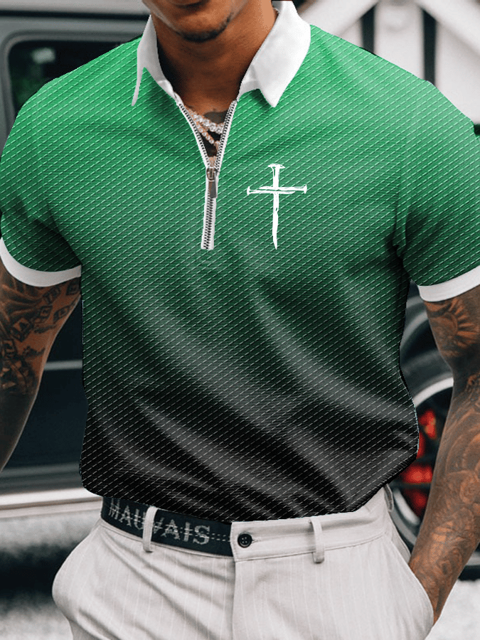 Men's Faith Printed Casual Zip-Up Polo Shirt