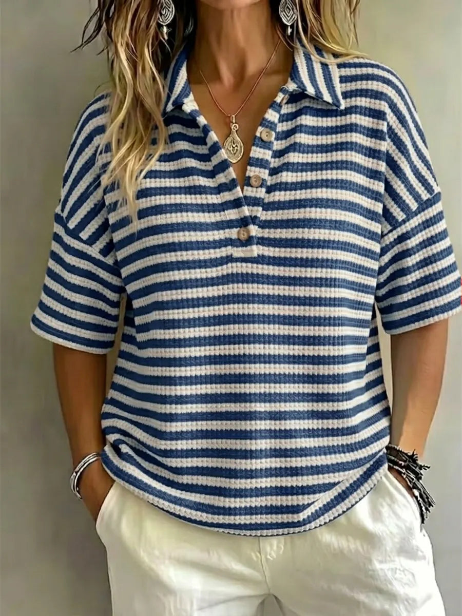 CLEARANCE SALE Women'S Fashion Striped Waffle Short-Sleeved Polo Shirt