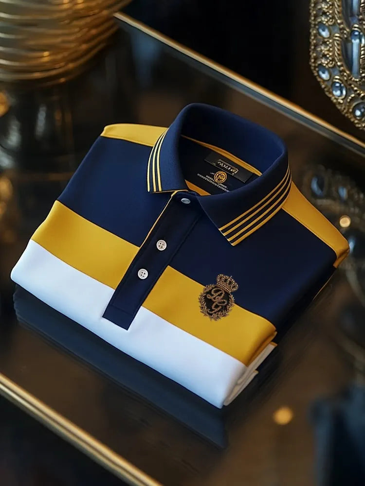 Men's Classic Business Check Logo Button Short Sleeve Polo Shirt