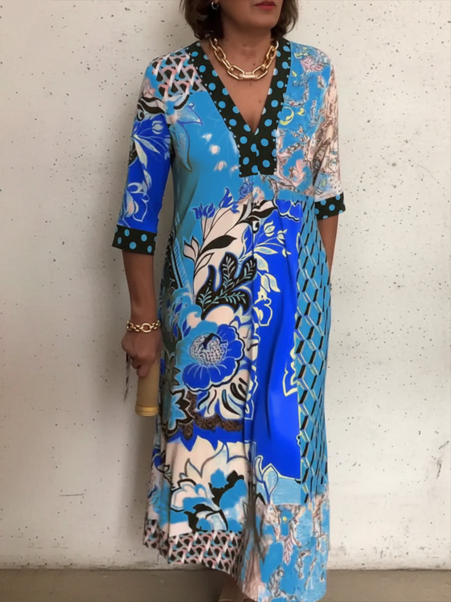 NEW🔥 Floral Polka Dot Print V Neck Dress